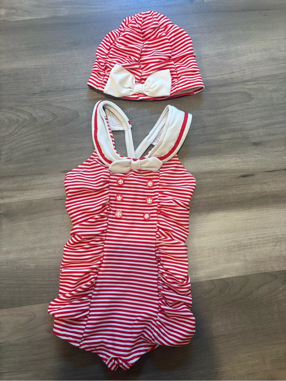 Janie and Jack Red and White Striped Girls' One-Piece Swimsuit with Cap